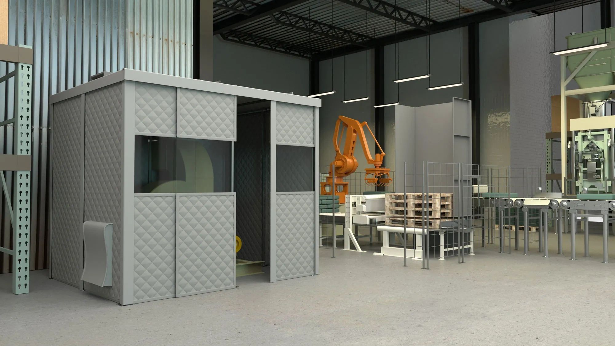 Soundproofing curtain wall divider in a warehouse